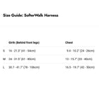 Zigly guide showing SofterWalk harness sizes with girth and chest measurements in inches and cm