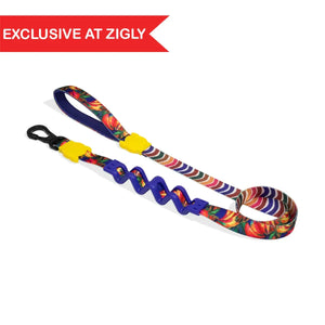Exclusive at Zigly vibrant floral and chevron dog leash with yellow accents and blue zigzag handle