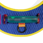 Zigly blue textured dog harness with yellow trim, black D-ring, and colorful fabric accents
