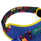 Close-up of colorful blue woven strap with yellow edge and multicolor floral pattern inner lining by Zigly