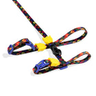 Zigly colorful floral patterned pet harness with yellow cat-shaped buckles and blue clips on white