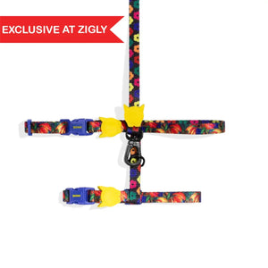 Exclusive at Zigly colorful floral pet harness with blue buckles and yellow cat-shaped accents