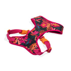 Zigly colorful floral pet harness with pink straps and orange buckles on white background