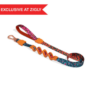 Zigly exclusive colorful leopard print pet leash with orange rubber grips and rose gold clip