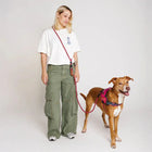 Woman with blonde hair in casual outfit walking brown dog with pink harness and zigly leash