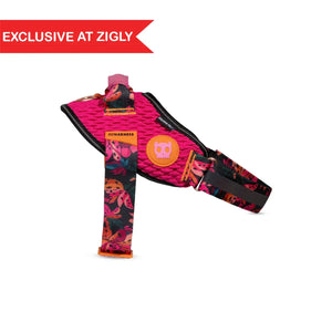 Exclusive Zigly pink fly dog harness with floral prints and skull logo