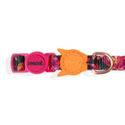 Zee.cat branded floral patterned cat collar with orange cat-shaped detail and rose gold buckle zigly