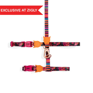 Exclusive at Zigly colorful cat harness with pink and orange floral design and metal clip