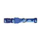 Zee.dog blue dog collar with wave pattern and metal ring, featuring zigly design detail