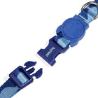 Close-up of blue Zee.Dog dog collar with plastic buckle and metal ring, zigly style