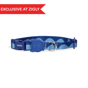 Blue Zee.Dog dog collar with wave pattern and exclusive at Zigly banner