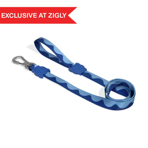 Blue wavy patterned dog leash with metal clip, exclusive at Zigly