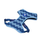 Zigly blue dog harness with wavy pattern and skull logo, adjustable straps and plastic buckles