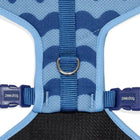 Blue zigly dog harness with adjustable straps and metal D-ring leash attachment