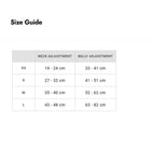 Size guide table for neck and belly adjustment measurements in cm for XS to L sizes with zigly