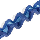 Close-up of blue zigly textured wavy strap with woven pattern on white background