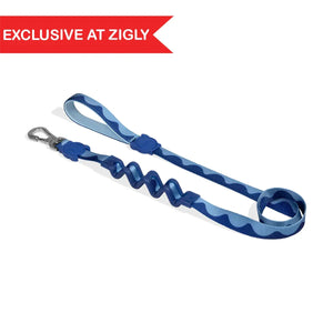 Exclusive at Zigly blue dog leash with wave pattern and ergonomic handle on white background