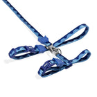 Zigly blue cat-patterned adjustable pet harness and leash set with metal clip on white background