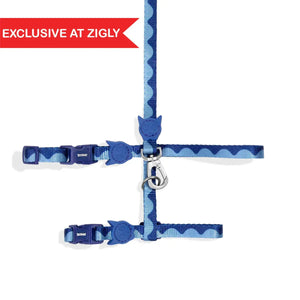 Exclusive zigly blue patterned pet harness with cat-shaped clasps and metal leash clip