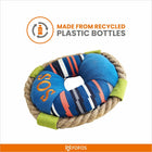 Zigly eco-friendly dog toy made from recycled plastic bottles with blue, striped fabric and rope ring