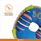 FoFos dog toy with natural jute rope and colorful fabric sections including blue and striped zigly design