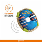 Zigly Fofos blue and striped dog squeaky toy with SOS text and rope border