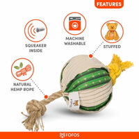 Zigly FOFOS dog toy with natural hemp rope, squeaker inside, machine washable and stuffed features