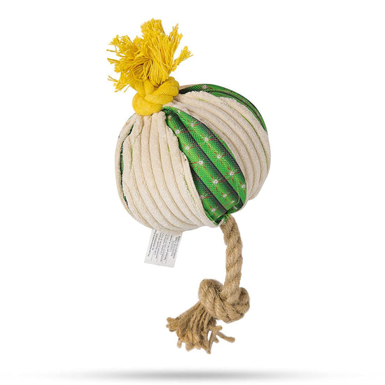 Zigly dog toy ball with green patterned and cream cord fabric, yellow tassel top, and knotted rope tail