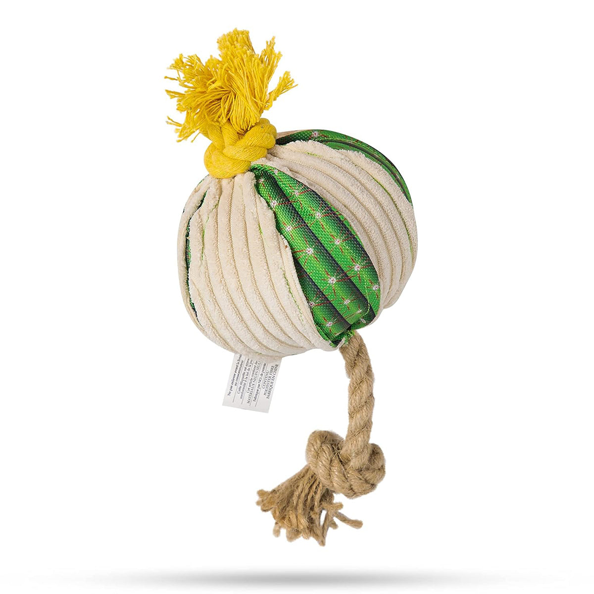 Zigly dog toy ball with green patterned and cream cord fabric, yellow tassel top, and knotted rope tail