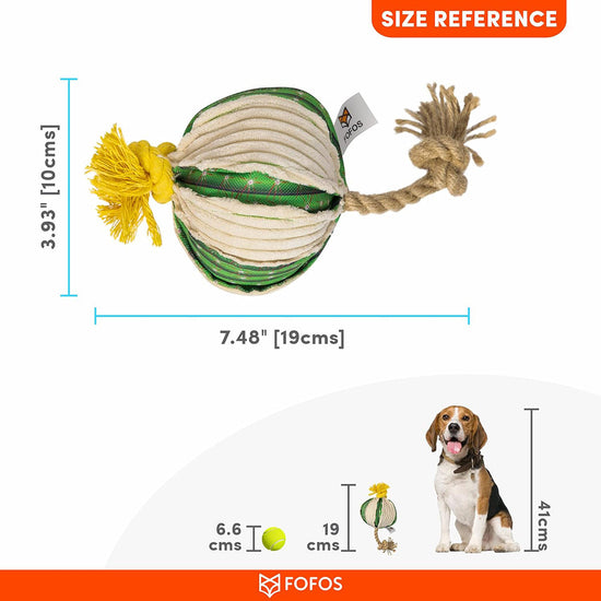 Zigly green and cream rope dog toy with yellow tassel, size 7.48x3.93 inches, Fofos brand