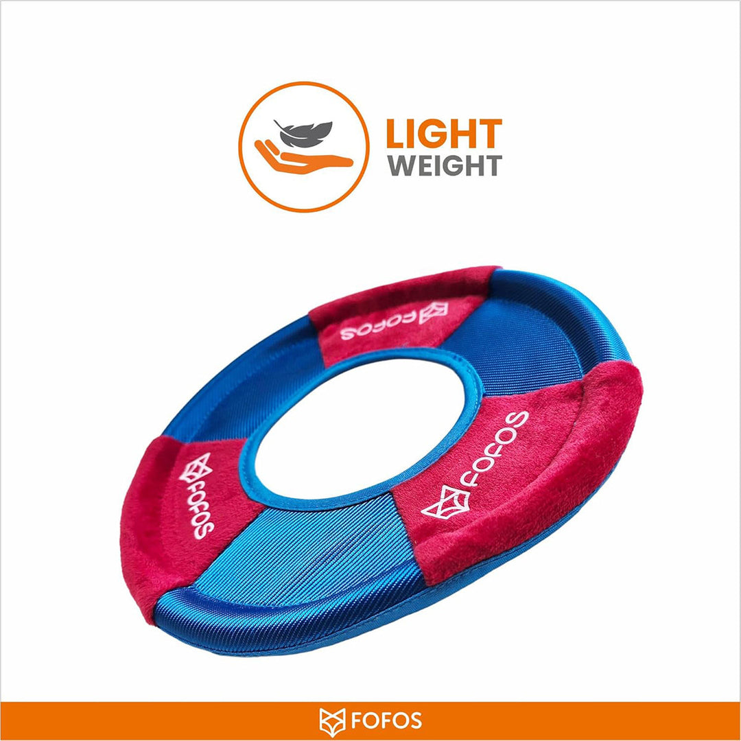 Zigly lightweight blue and red circular dog toy with FOFOS branding on white background