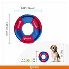 Zigly Fofos blue and red dog toy ring measuring 9.05 inches with size comparison to tennis ball and dog