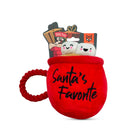Zigly red plush dog toy shaped like a mug with handle, smiling marshmallows, text Santa's Favorite