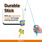 Zigly durable cat toy stick with ergonomic blue handle and dangling plush taco and fries toys