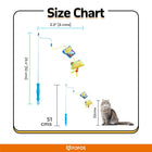 Zigly cat toy size chart with blue handle wand, taco and fries toys, cat for scale, measurements in cm