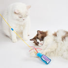 Two cats playing with a blue cat toy on a yellow string, interactive pet play by zigly