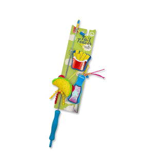 Zigly cat toy tail teaser with blue handle and food-shaped attachments taco, fries, and drink on green packaging