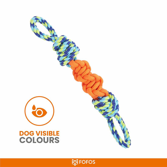 Zigly dog rope toy with orange and blue-green braided colors visible to dogs
