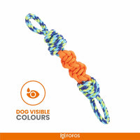 Zigly dog rope toy with orange and blue-green braided colors visible to dogs