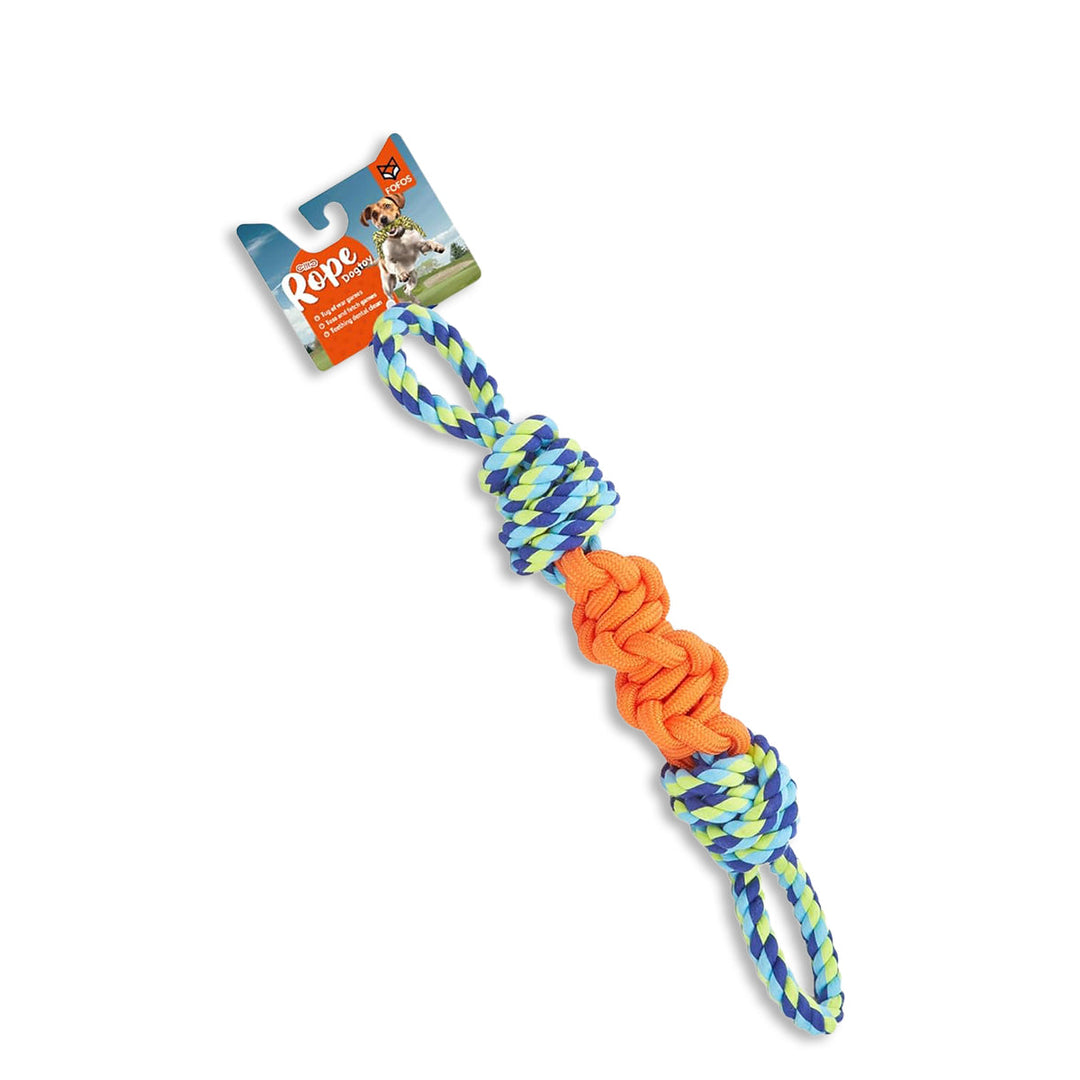 Zigly blue and green rope dog toy with orange knotted center for tugging and chewing