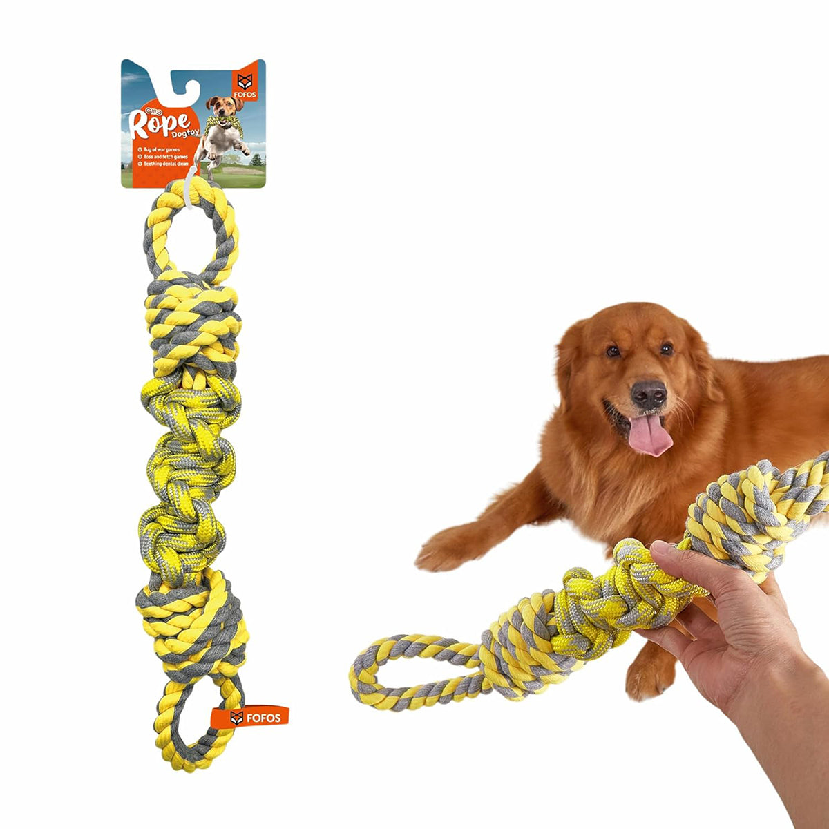 Zigly yellow and gray rope dog toy for tug of war with golden retriever playing