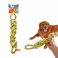 Zigly yellow and gray rope dog toy for tug of war with golden retriever playing