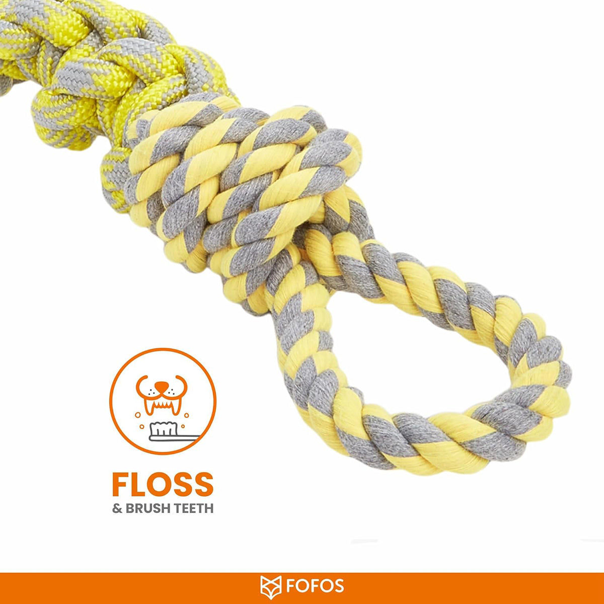 zigly yellow and gray twisted dog floss and brush teeth rope toy by FOFOS