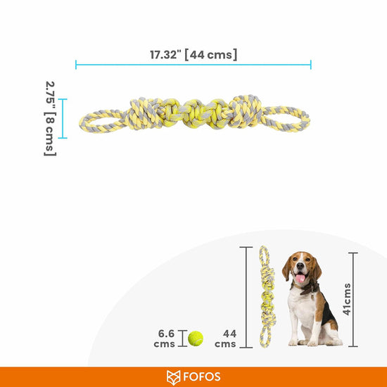 Zigly yellow and gray knotted dog rope toy measuring 17.32 inches with size comparison to tennis ball and beagle dog