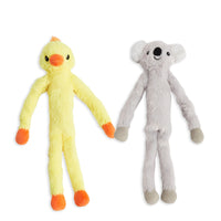 Zigly soft plush yellow duck and gray koala toys with long limbs on white background