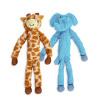 Zigly smiling plush giraffe and blue elephant stuffed toys with long limbs on white background
