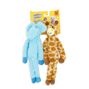 Zigly dog toys set with blue elephant and giraffe plush for teething relief and squeaky fun