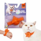 Zigly FOFOs cat laser collar toy in orange on white cat and wrist, interactive wearable adjustable
