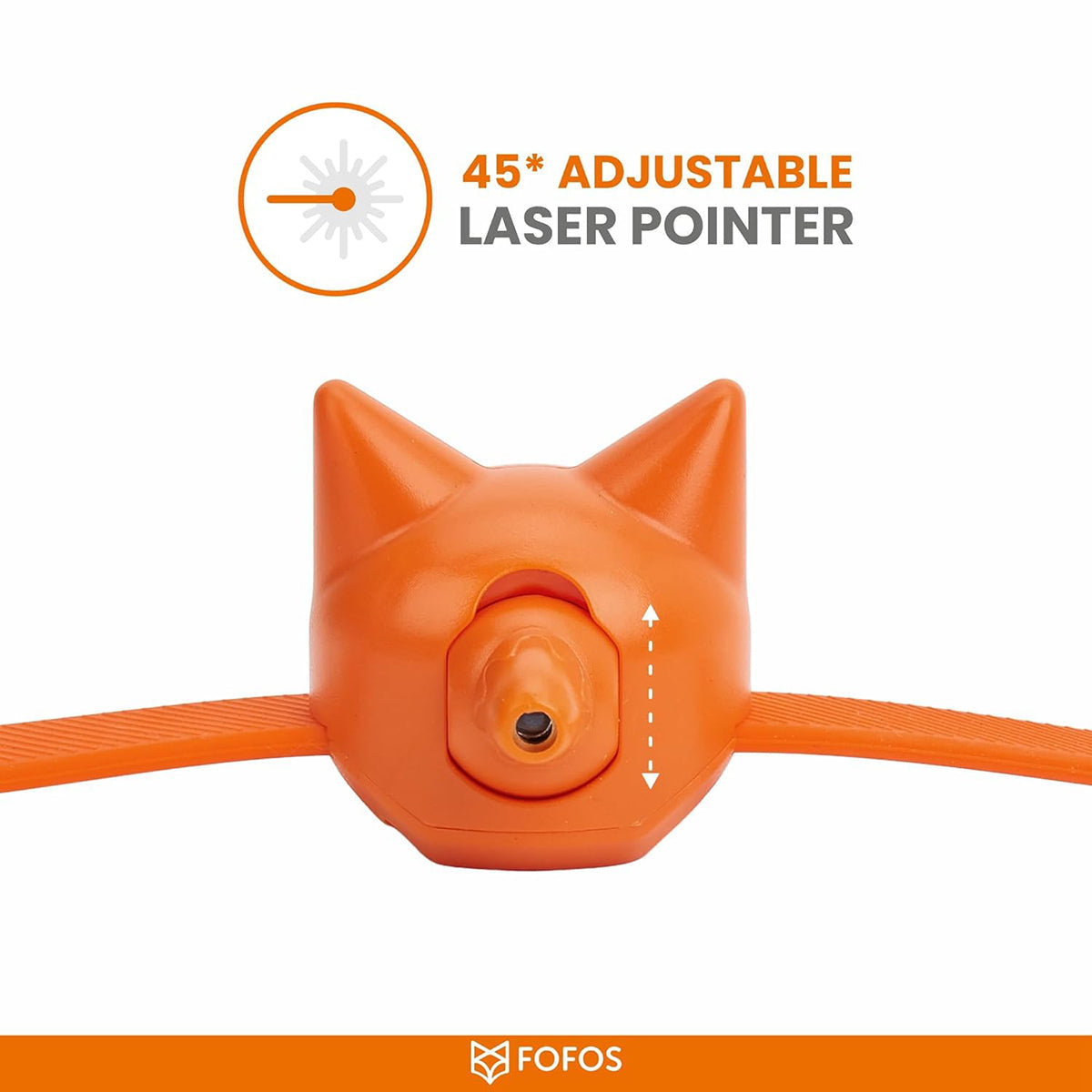 Orange cat-shaped laser pointer with 45° adjustable angle on an orange strap, Zigly feature