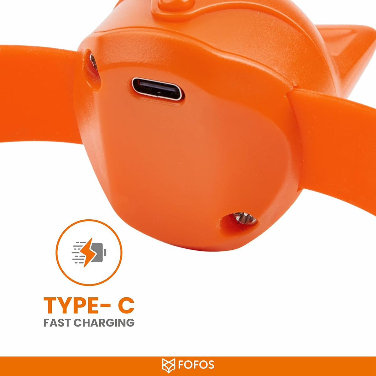 Orange FOFOS device with Type-C fast charging port, highlighting zigly technology